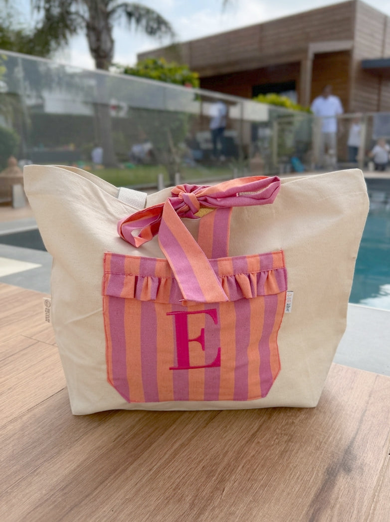 Bolso Tote Maxi con Bolsillo de Rayas Rosa y Naranja Personalizado.
