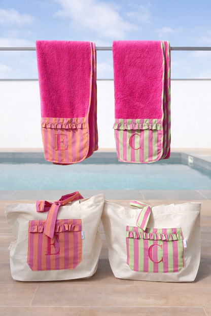 Pack de Bolsa de Playa y Toalla personalizada Rayas Rosa y Naranja