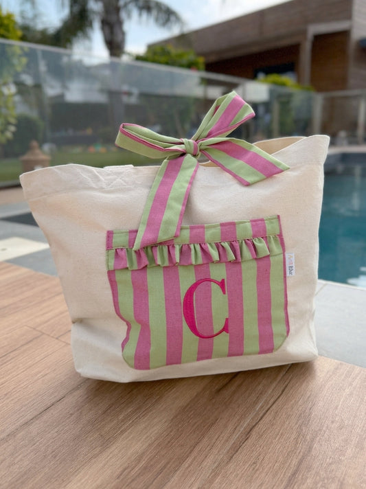 Bolso Tote Maxi con Bolsillo de Rayas Rosa y Verde Personalizado