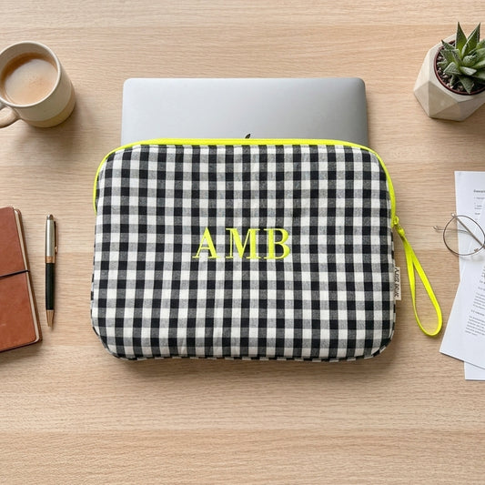 Funda de Portátil Vichy con Bordado Amarillo Flúor - Personalizada