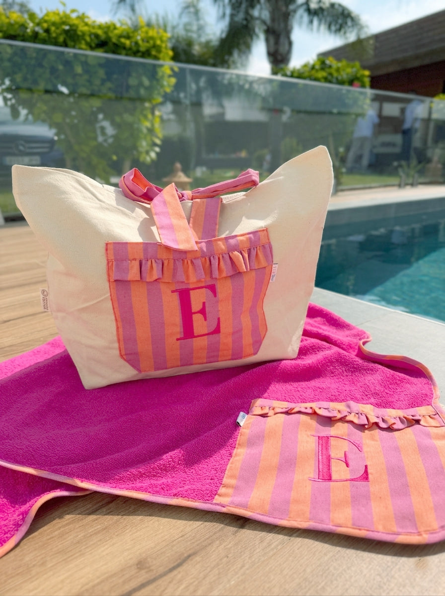 Pack de Bolsa de Playa y Toalla personalizada Rayas Rosa y Naranja
