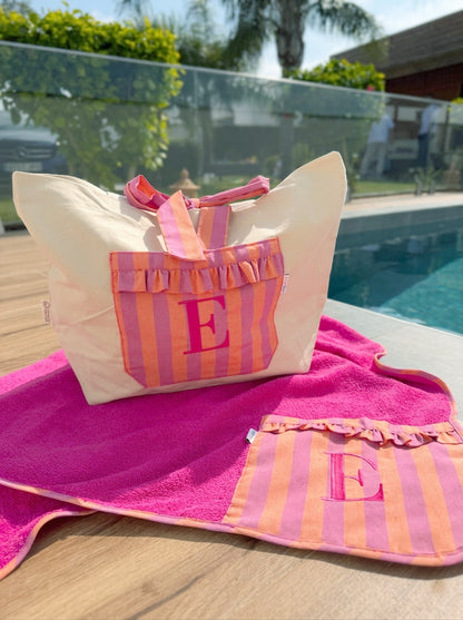 Pack de Bolsa de Playa y Toalla personalizada Rayas Rosa y Naranja