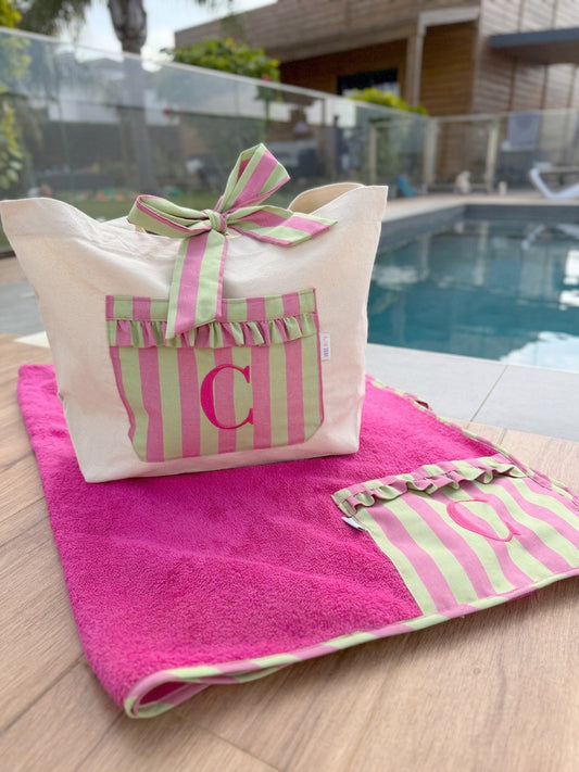 Pack de Bolsa de Playa y Toalla personalizada Rosa y Verde