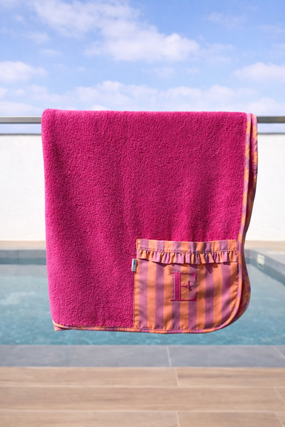 Toalla de Playa Rayas Rosa y Naranja con Bolsillo - Personalizada