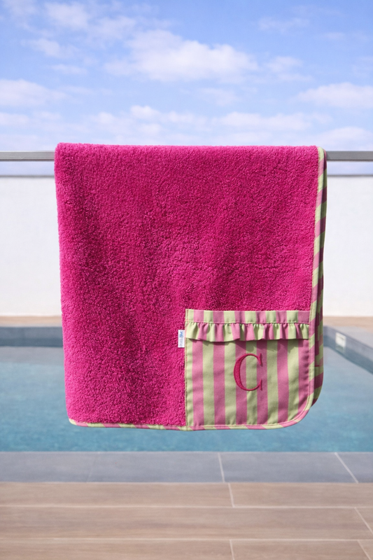 Toalla de Playa Rayas Rosa y Verde con Bolsillo - Colección Stripe